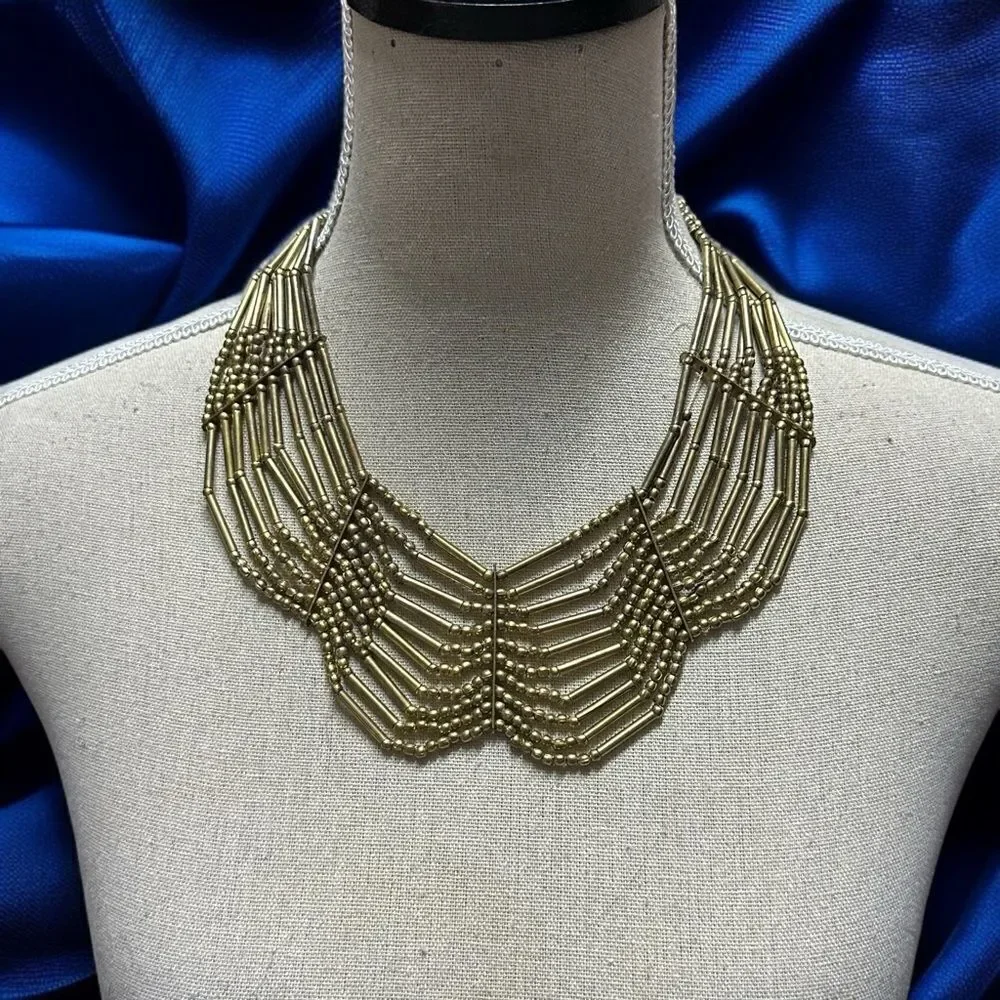 Vintage Bronze Art Deco Multi-Strand Beaded Necklace with V-Shape Design 22”